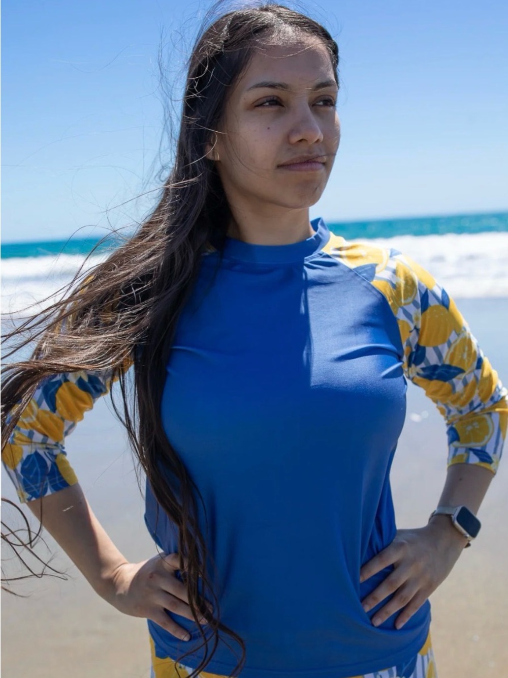Women's Blue Rash Guard Top with Yellow Floral Sleeves